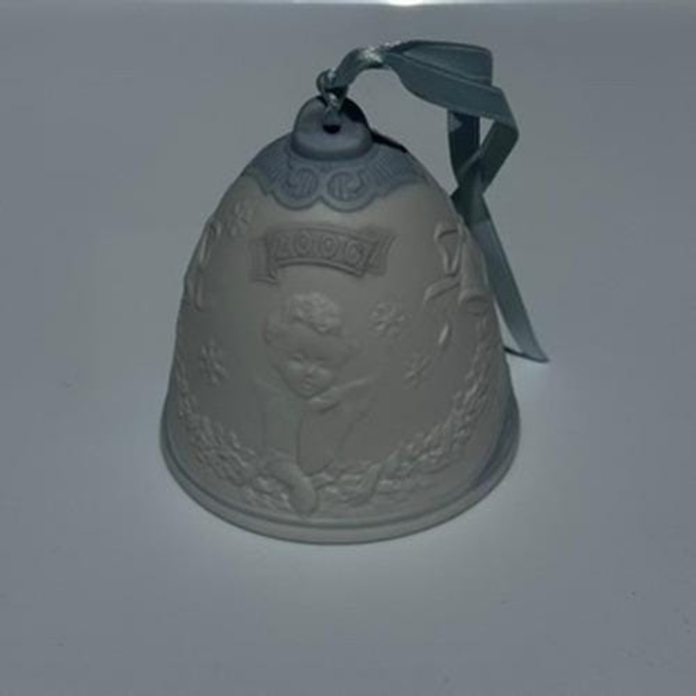 Lladro 2002 Christmas Bell Porcelain Ornament Angel Cherub Blue White Matte 3"
